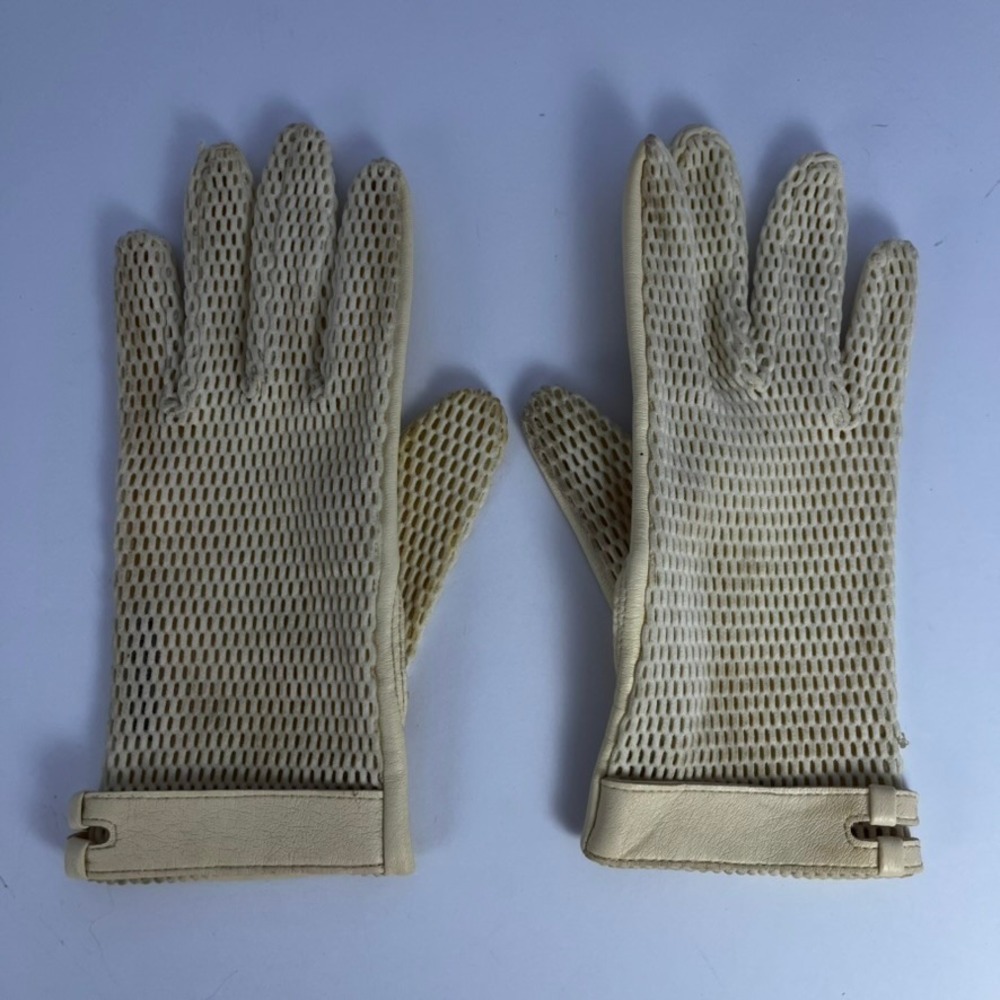 Vintage Cream Leather Crochet Mesh Driving Gloves British Hong Kong Retro